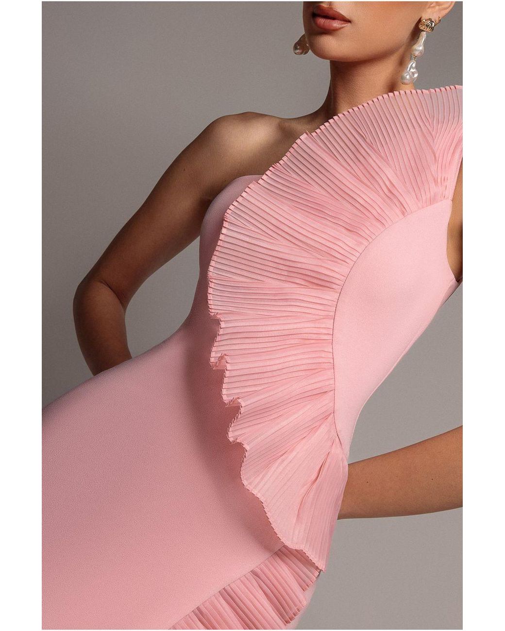 Goddiva Pink One Shoulder Pleated Fan Midi Dress