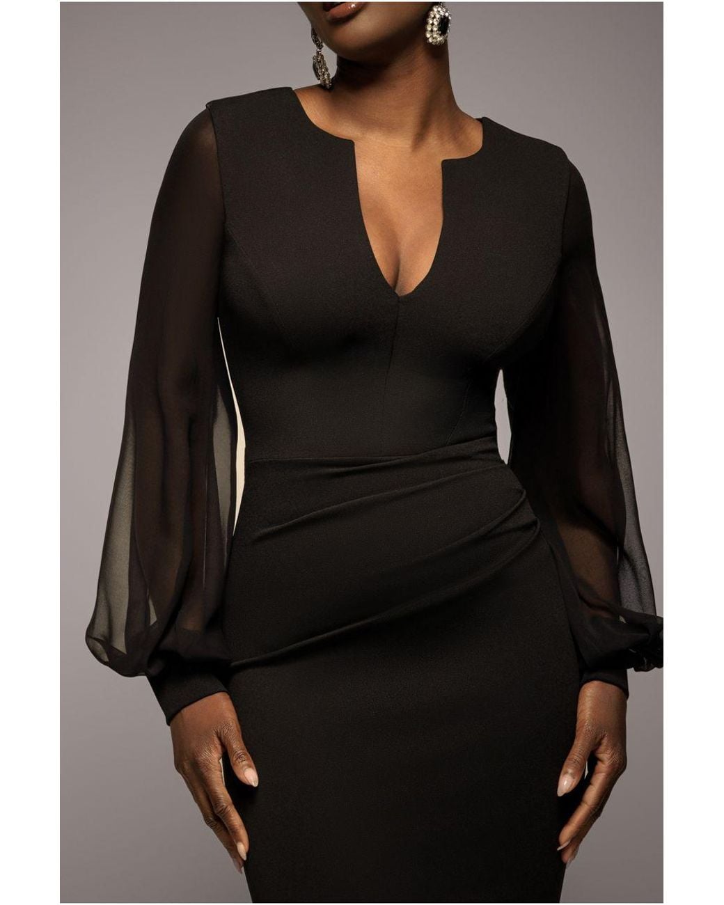 Goddiva Black Chiffon Cuffed Balloon Sleeve Scuba Maxi Dress