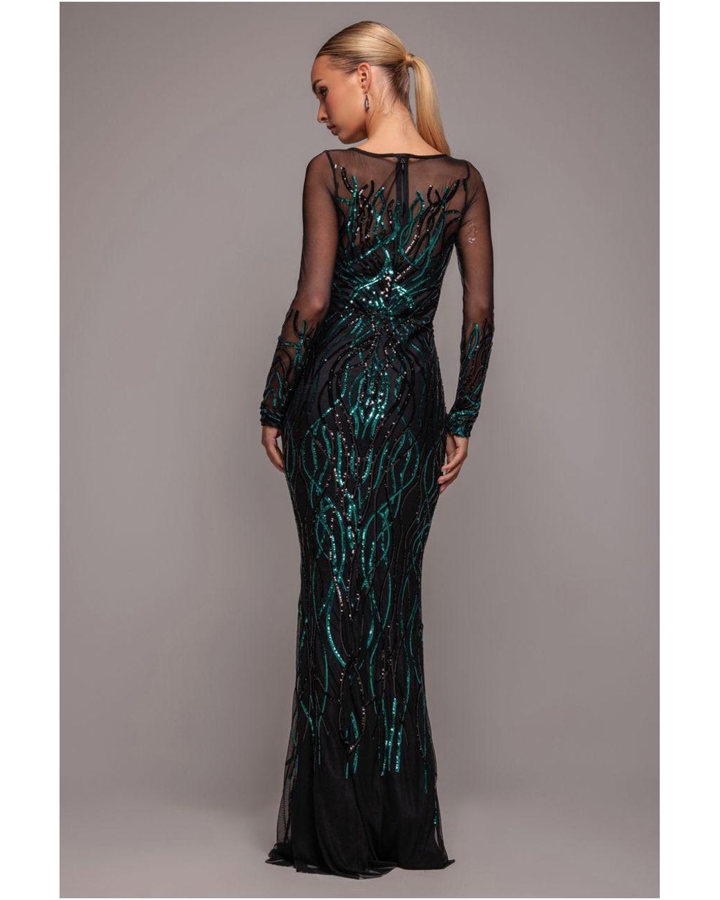 Goddiva Green Long Sleeve Sequin Flame Maxi
