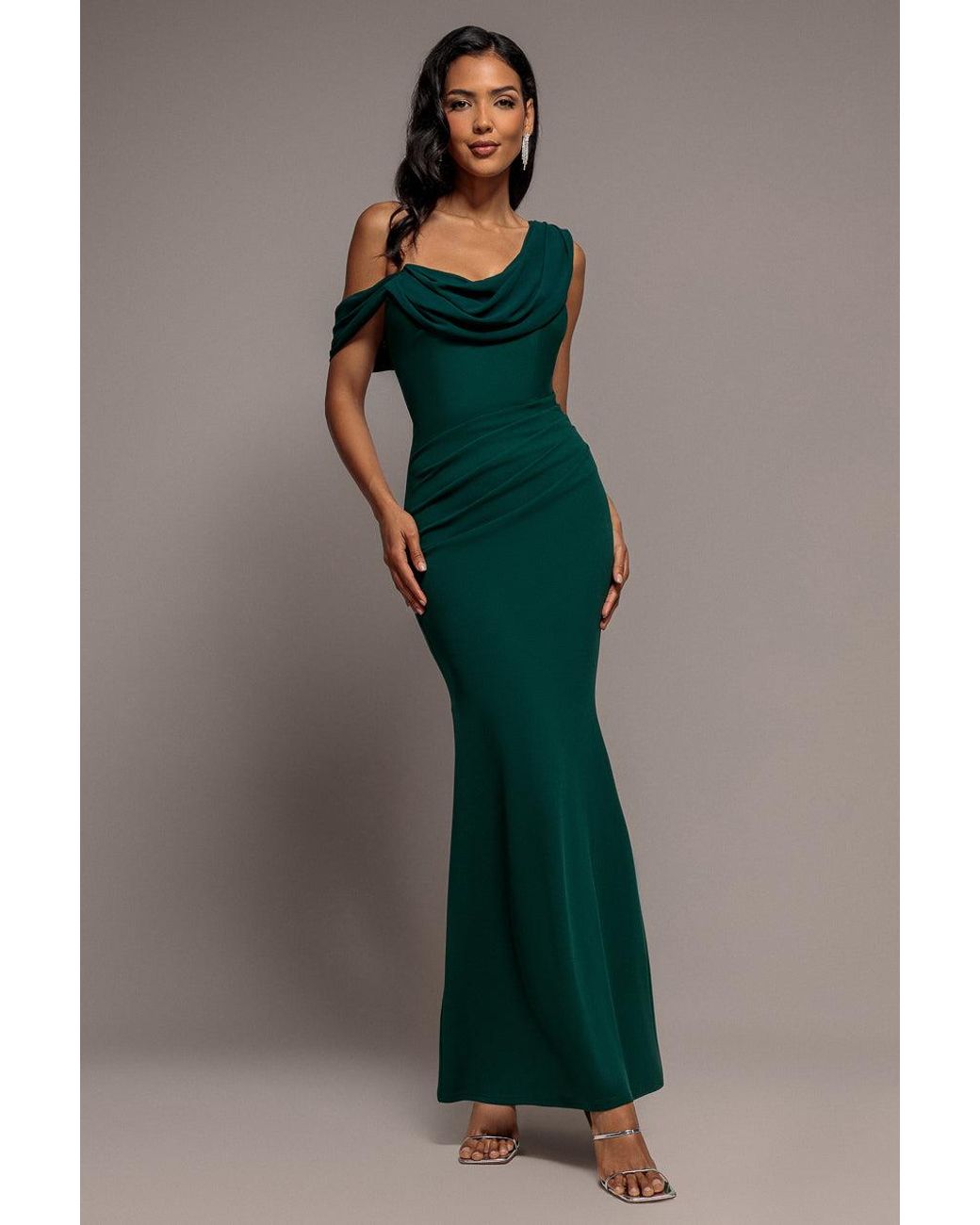 Goddiva Green Cowl Neck One Shoulder Scuba & Chiffon Maxi Dress