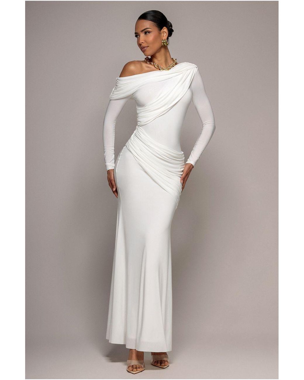 Goddiva Gray Off Shoulder Gathered Panel Soft Touch Maxi Dress