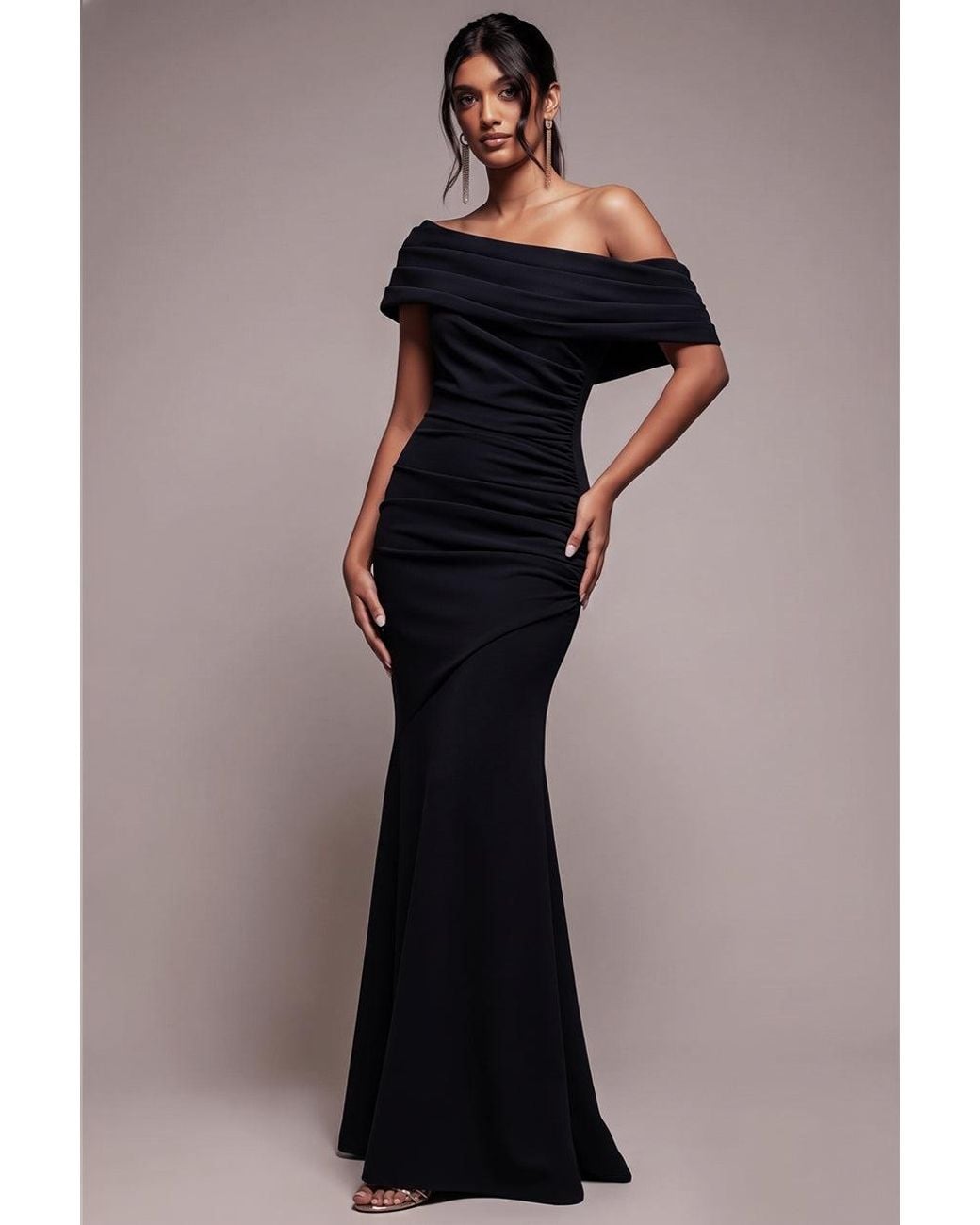 Goddiva Blue Pleated One Shoulder Bardot Fit And Flare Maxi Dress