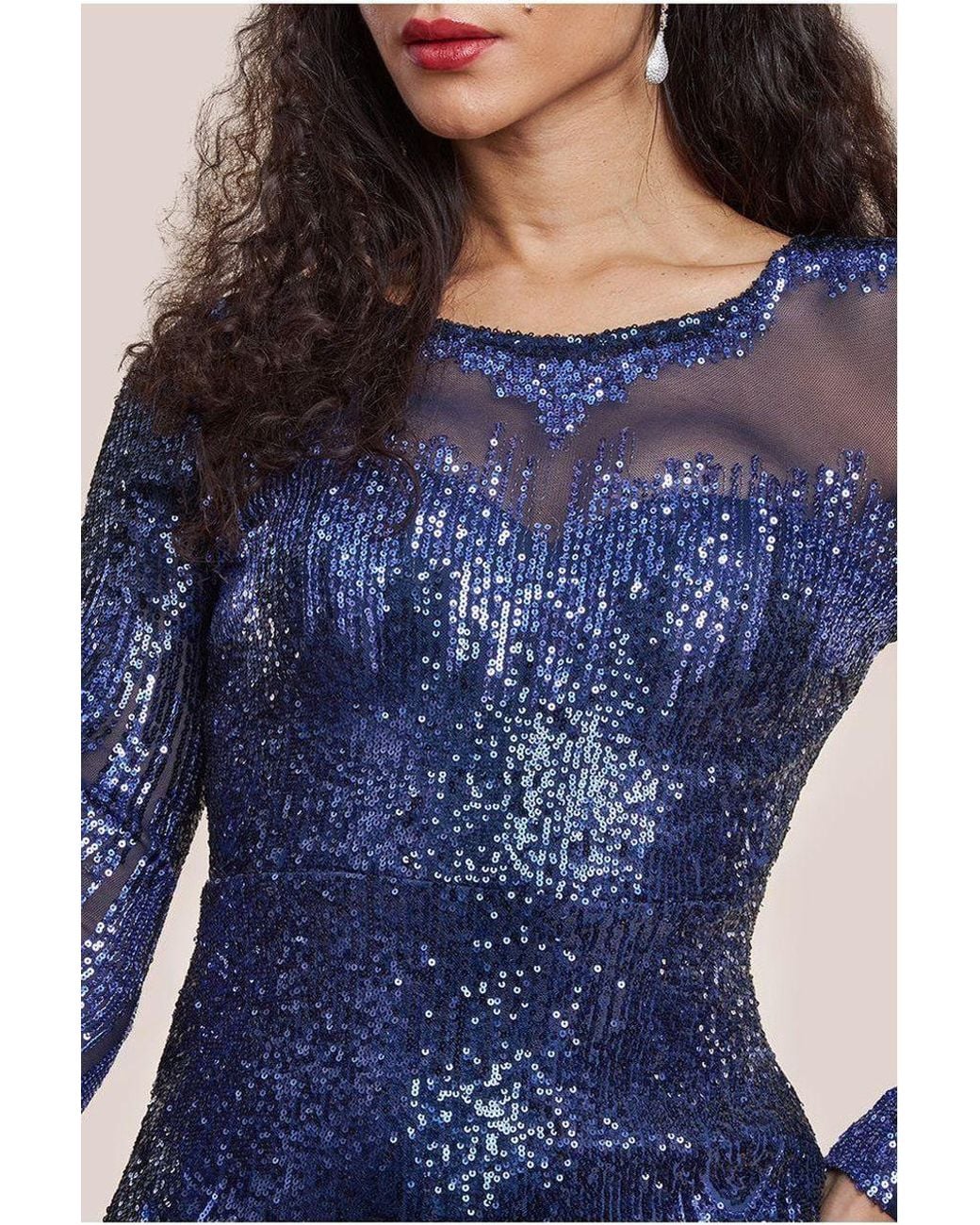 Goddiva Blue Long Sleeve Aztec Sequin Maxi Dress