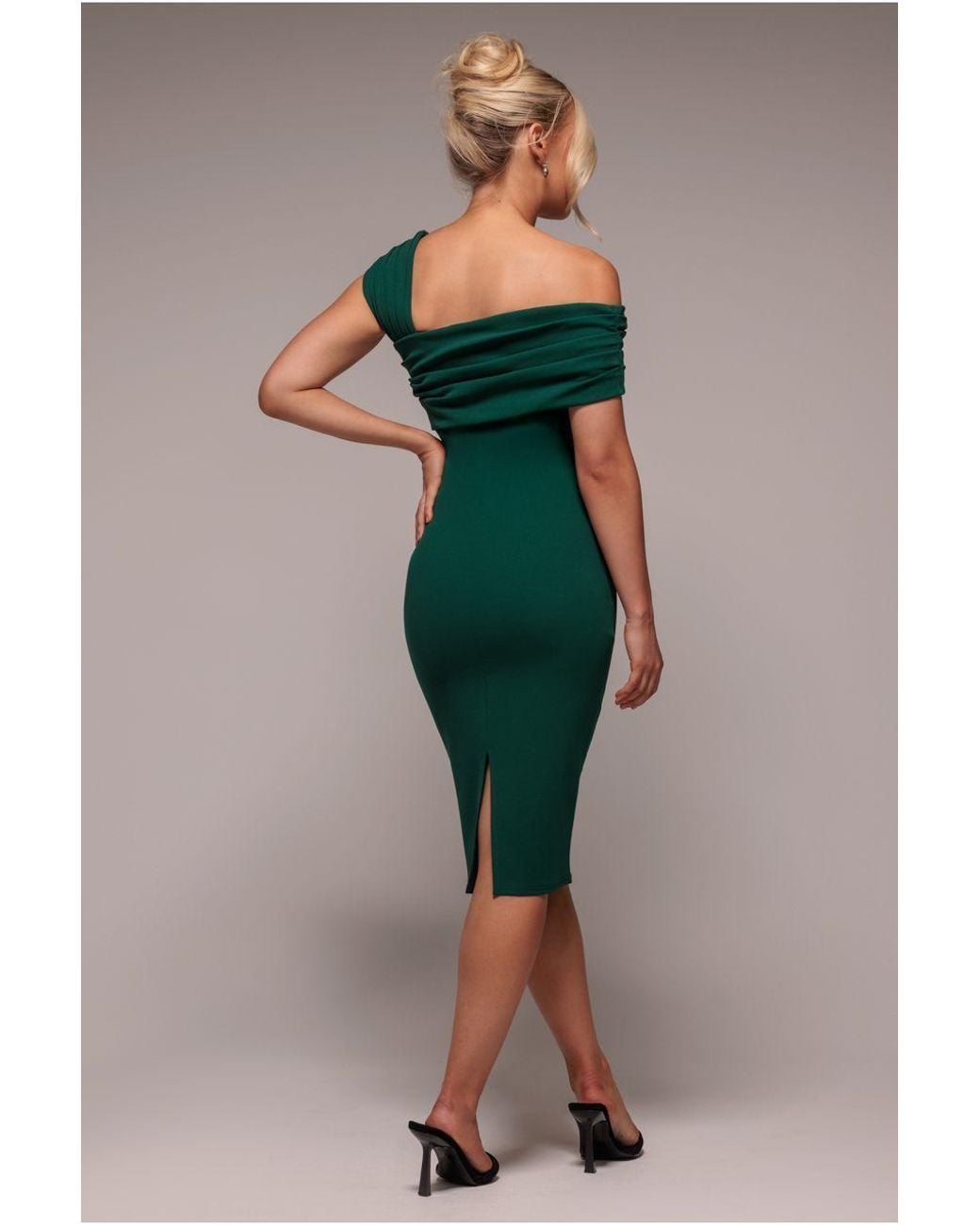 Goddiva Green Scuba Crepe Pleated Drop Shoulder Midi Dress