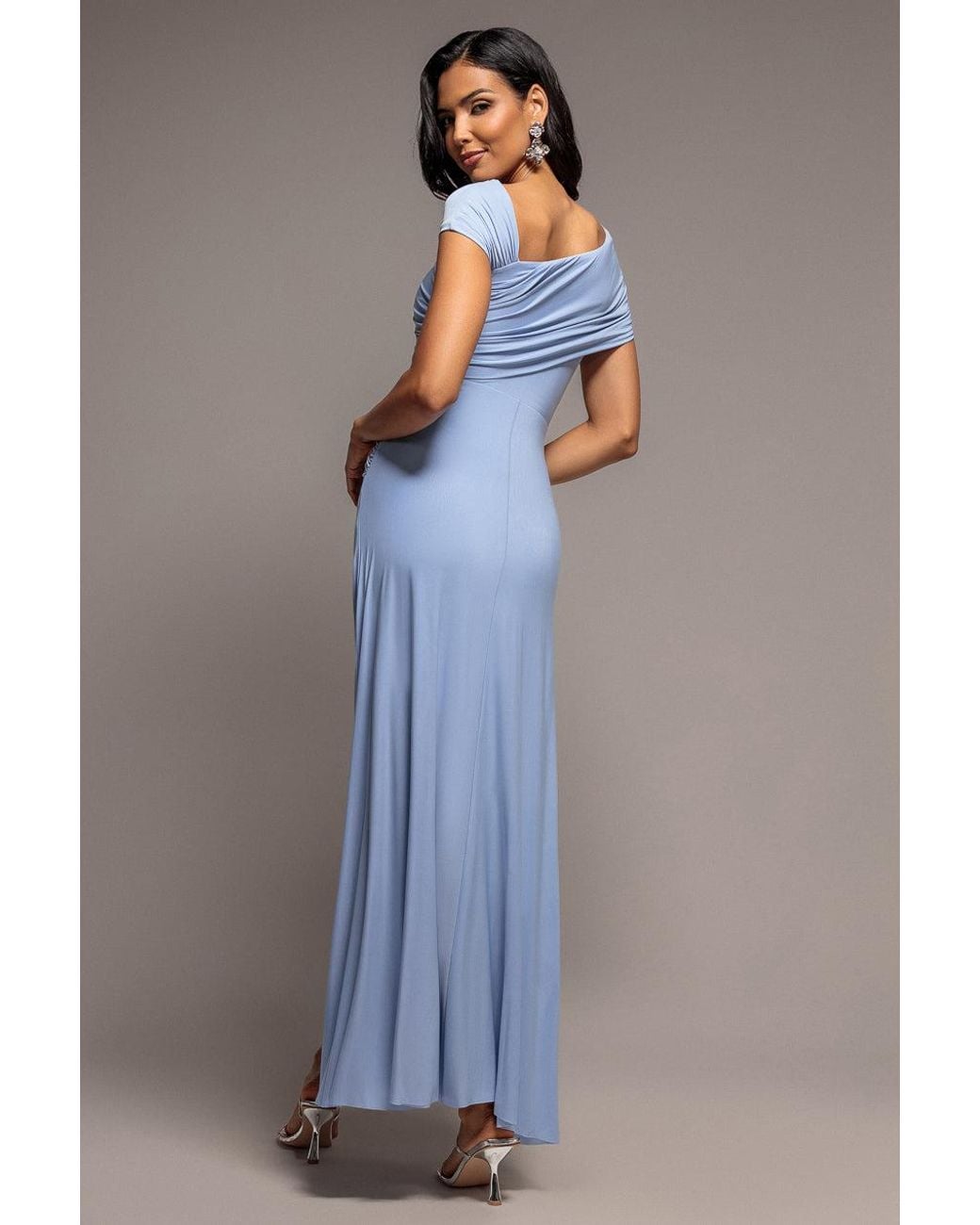 Goddiva Blue Asymmetric Neck Gathered Waist Maxi Dress