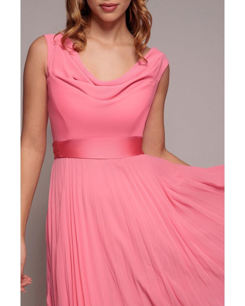 Goddiva Red Cowl Neck Pleated A-Line Chiffon Midi Dress