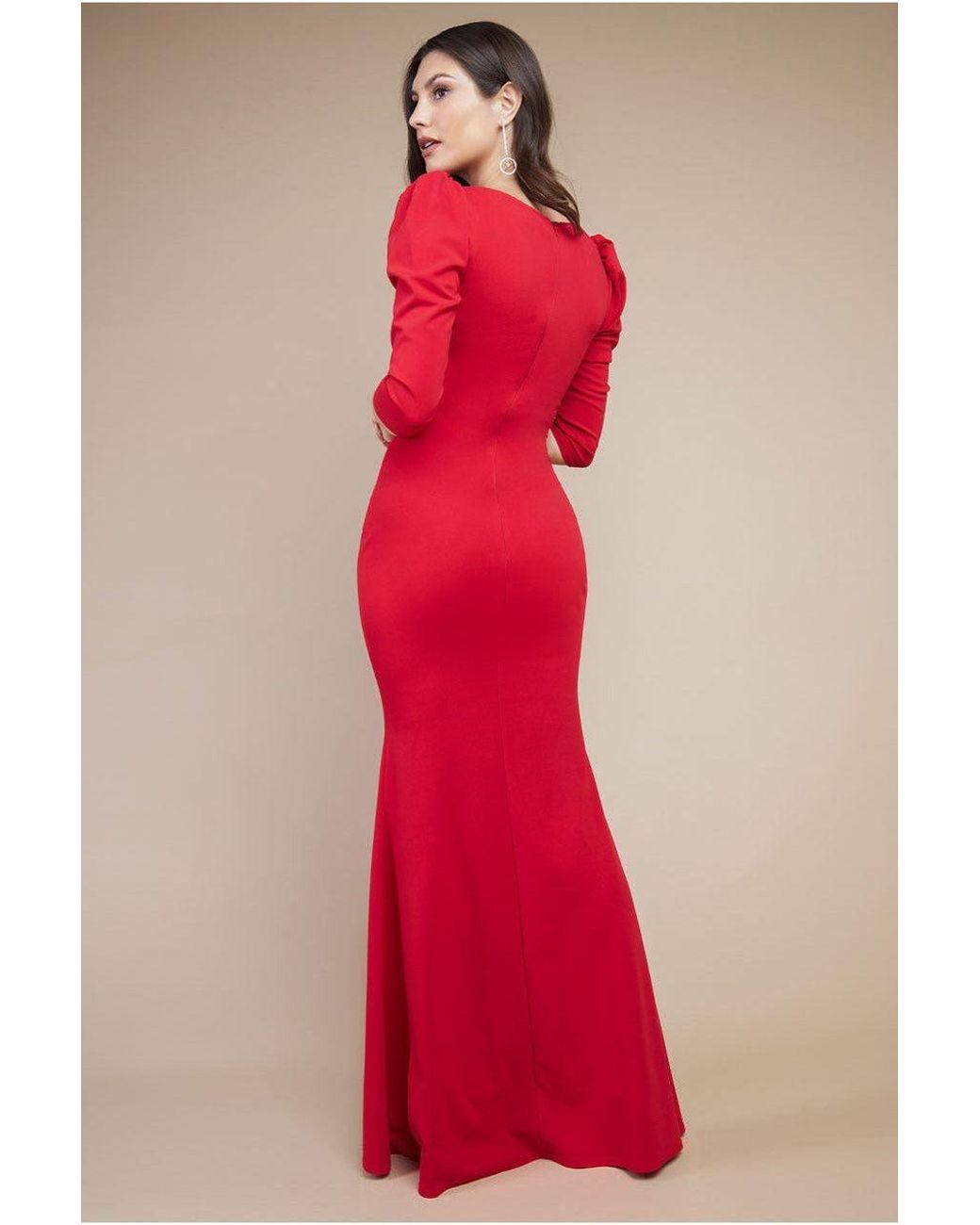 Goddiva Red Front Wrap Pleated Scuba Maxi Dress