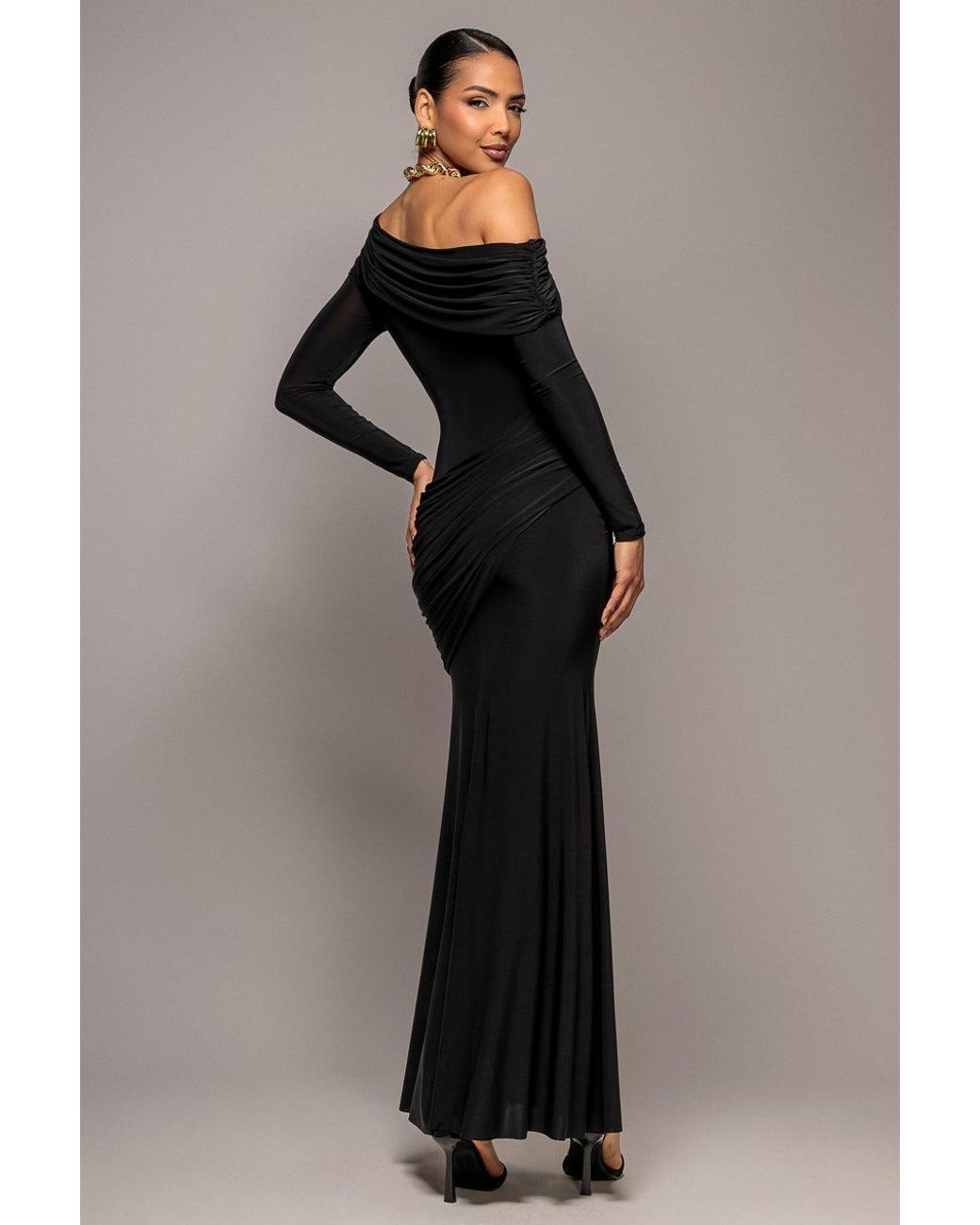 Goddiva Black Off Shoulder Gathered Panel Soft Touch Maxi Dress