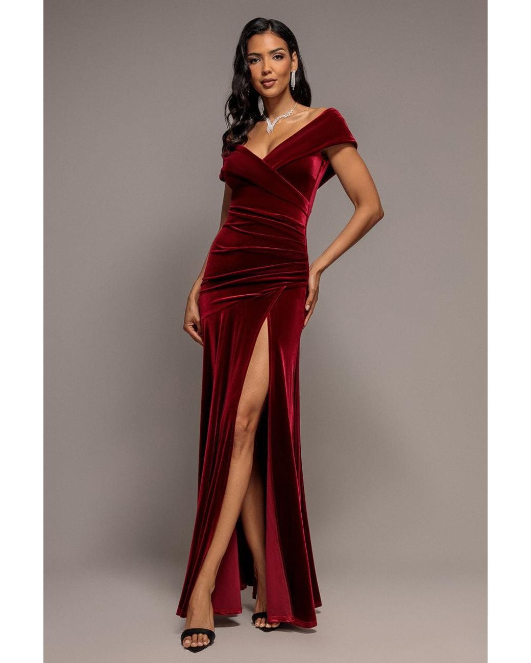 Goddiva Red Velvet Off Shoulder Pleated A Line Maxi Dress