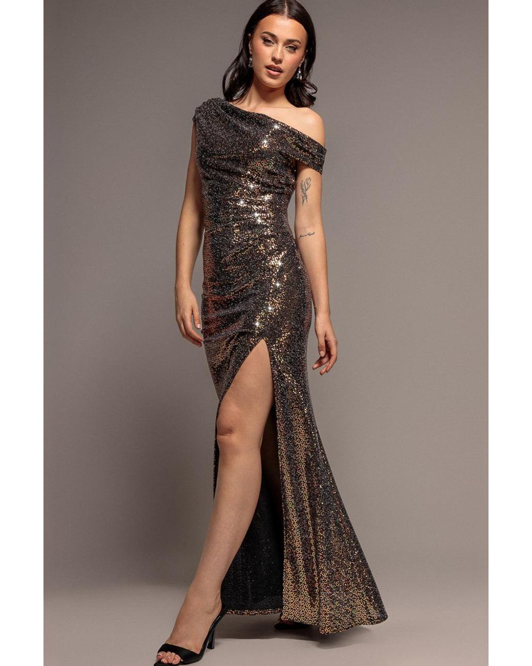 Goddiva Brown Asymmetric One Shoulder Front Split Sequin Maxi Dress