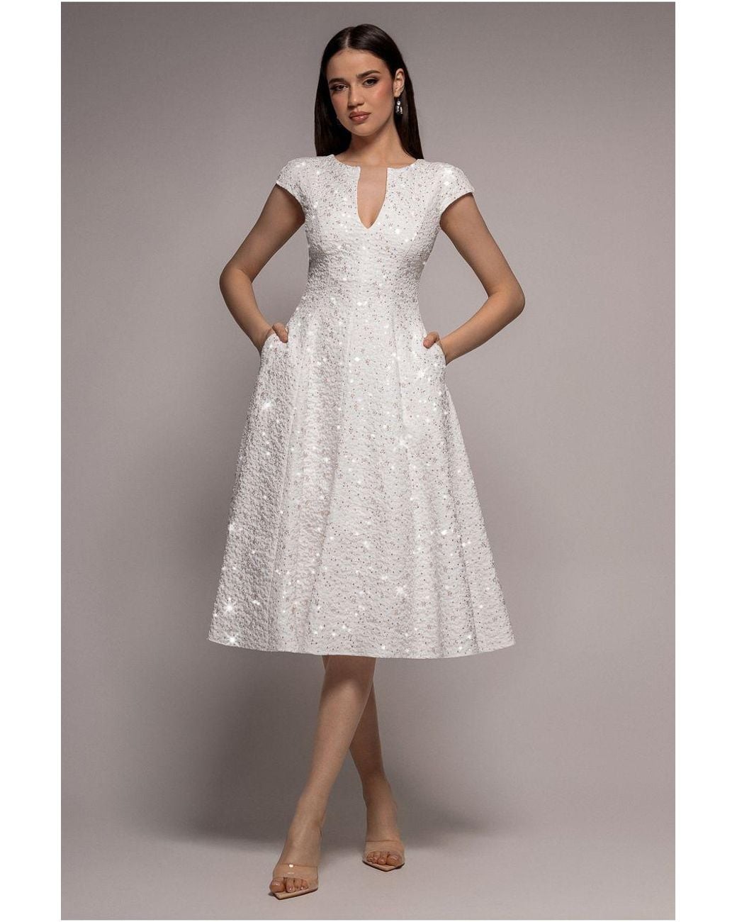 Goddiva Gray Bead Embellished Jacquard A Line Midi Dress