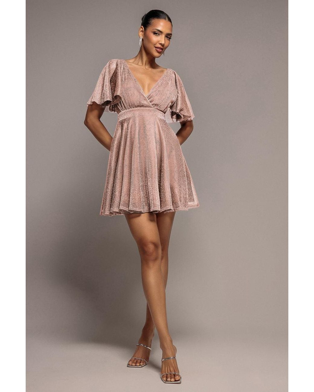 Goddiva Brown Sparkle Lurex Mini Skater Dress