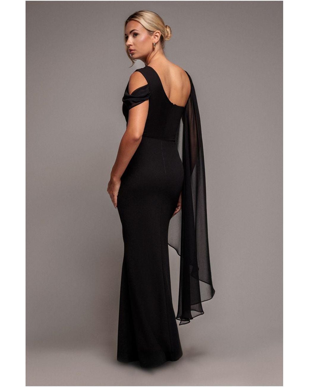 Goddiva Black One Shoulder Chiffon Cape Crepe Maxi Dress
