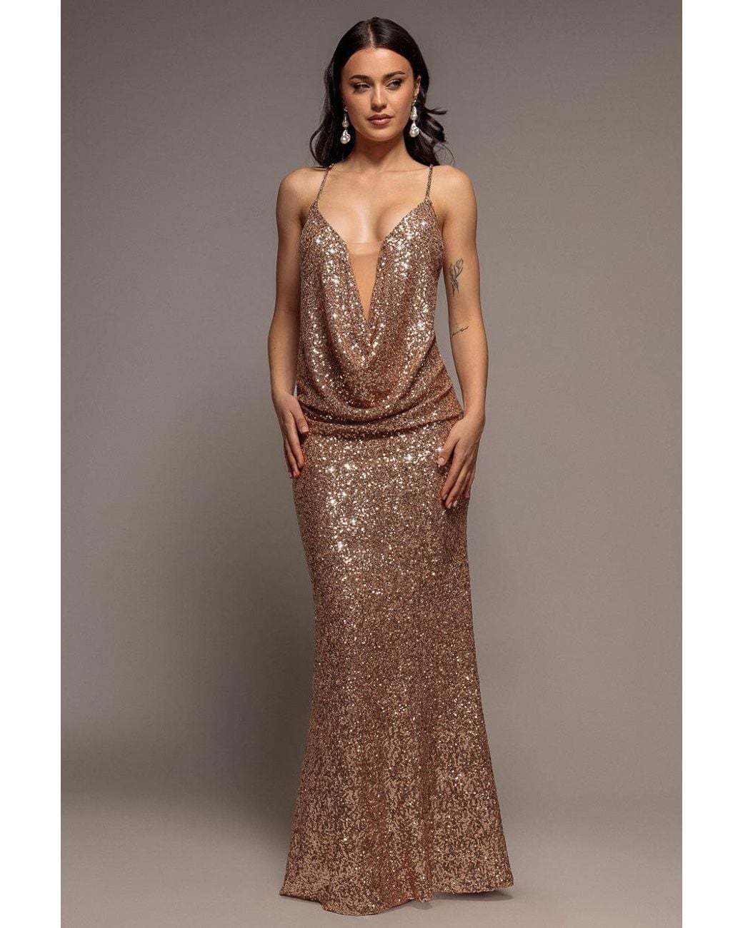 Goddiva Brown Plunge Cowl Criss Cross Back Sequin Maxi Dress