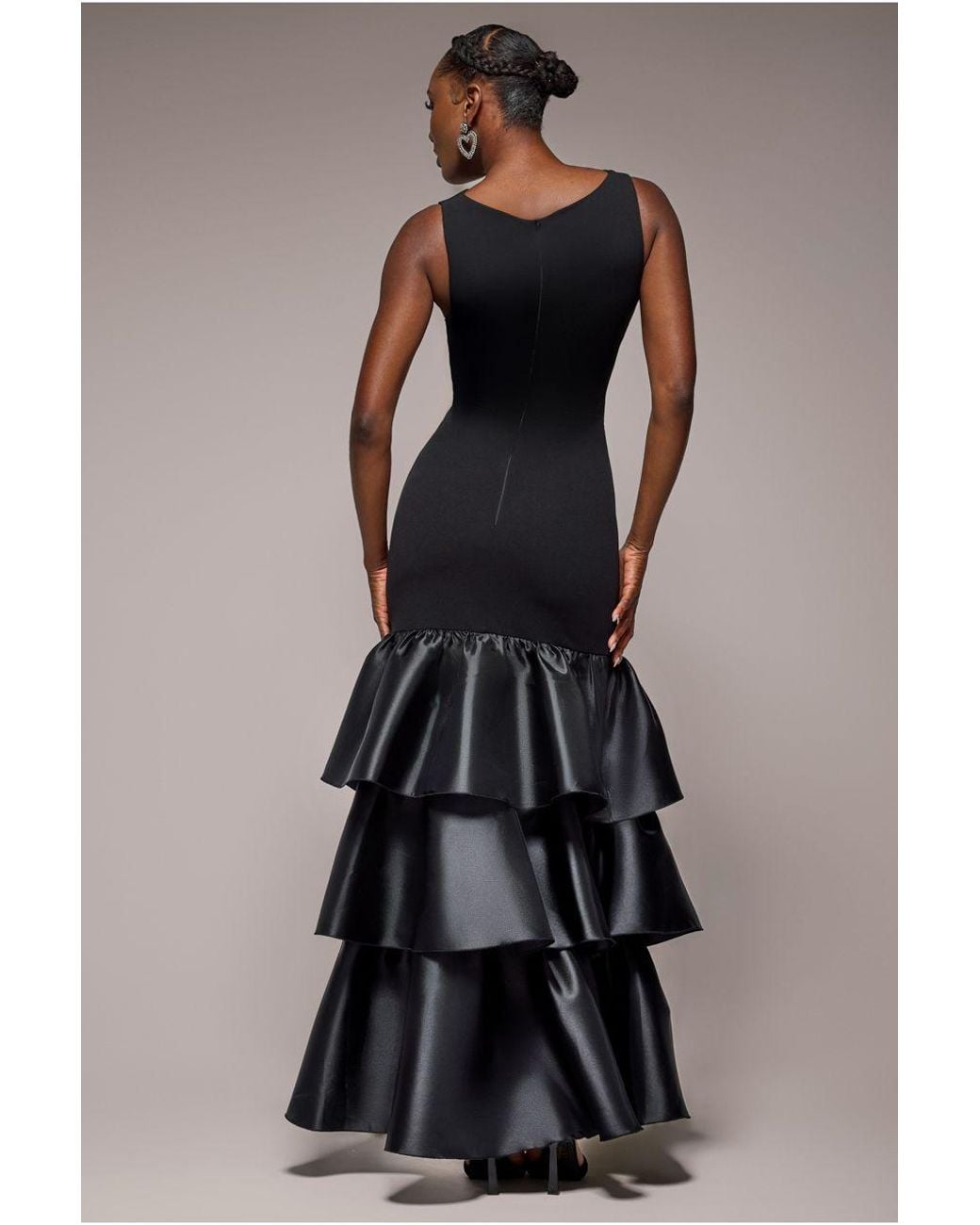 Goddiva Blue Boat Neck Satin & Scuba Crepe Tiered Maxi Dress