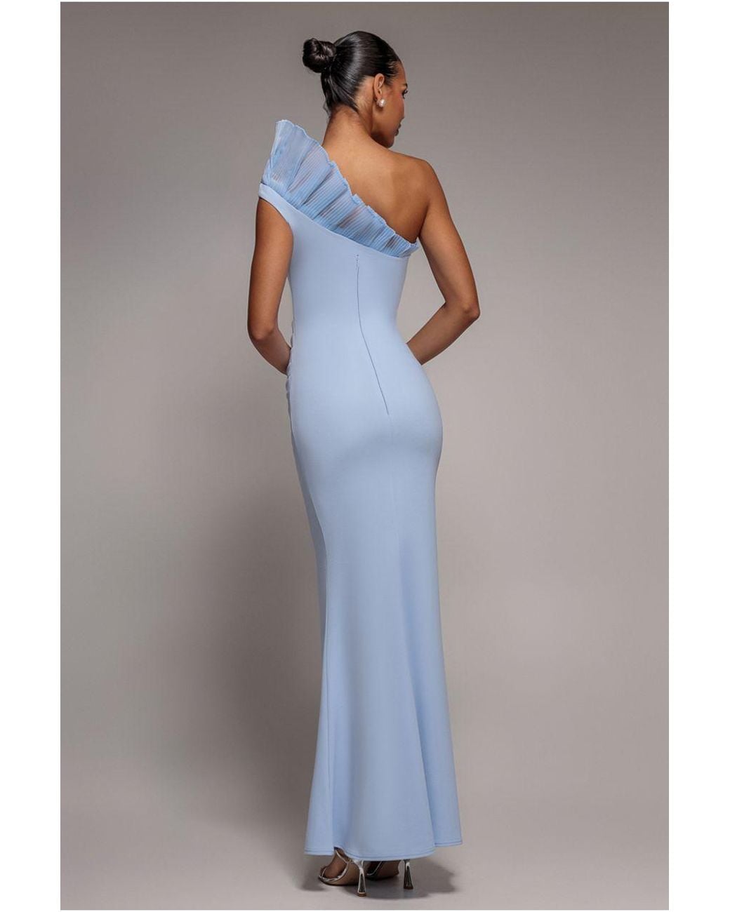 Goddiva Blue One Shoulder Organza Frill Pleated Mermaid Maxi Dress