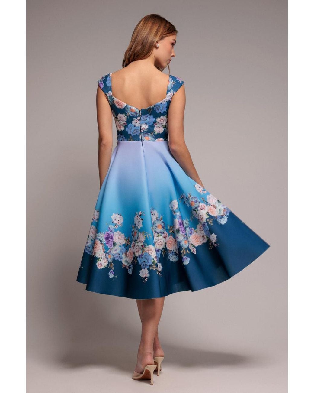 Goddiva Green Floral Printed Scuba Foam Skater Dress