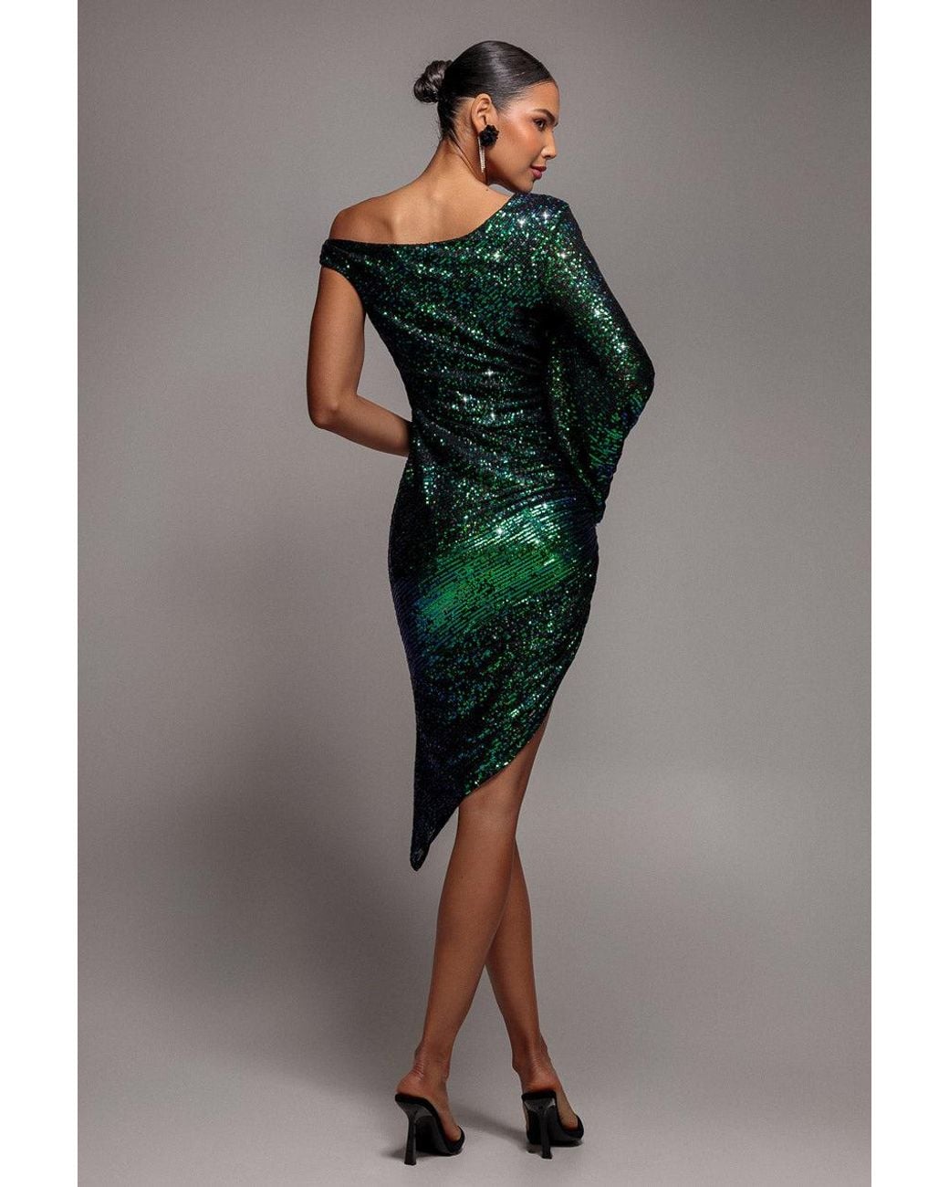 Goddiva Green One Shoulder Asymmetric Midi Dress