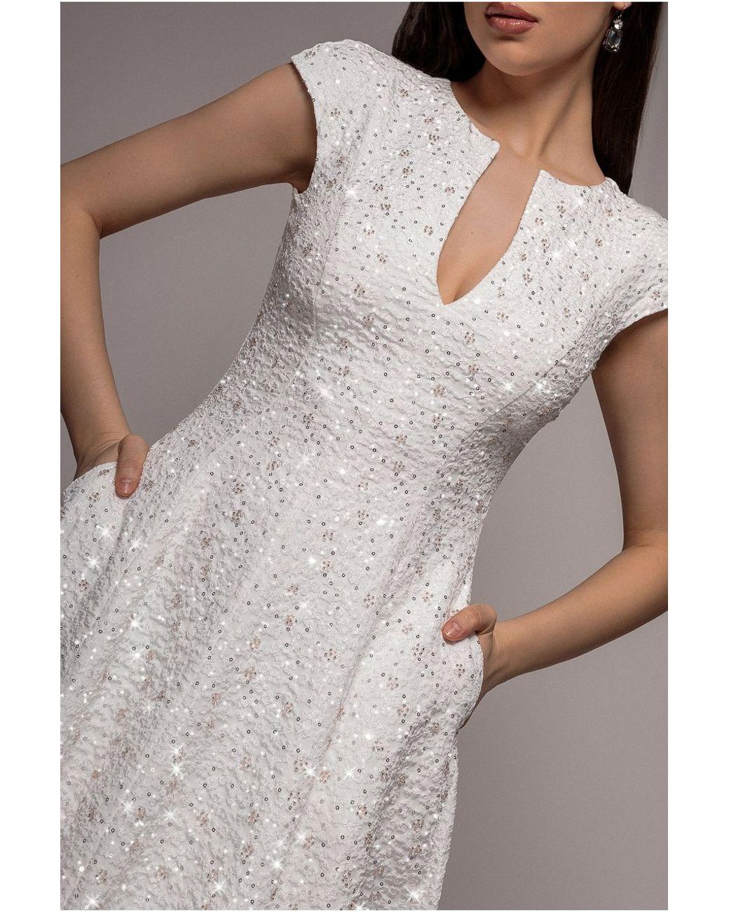 Goddiva Gray Bead Embellished Jacquard A Line Midi Dress