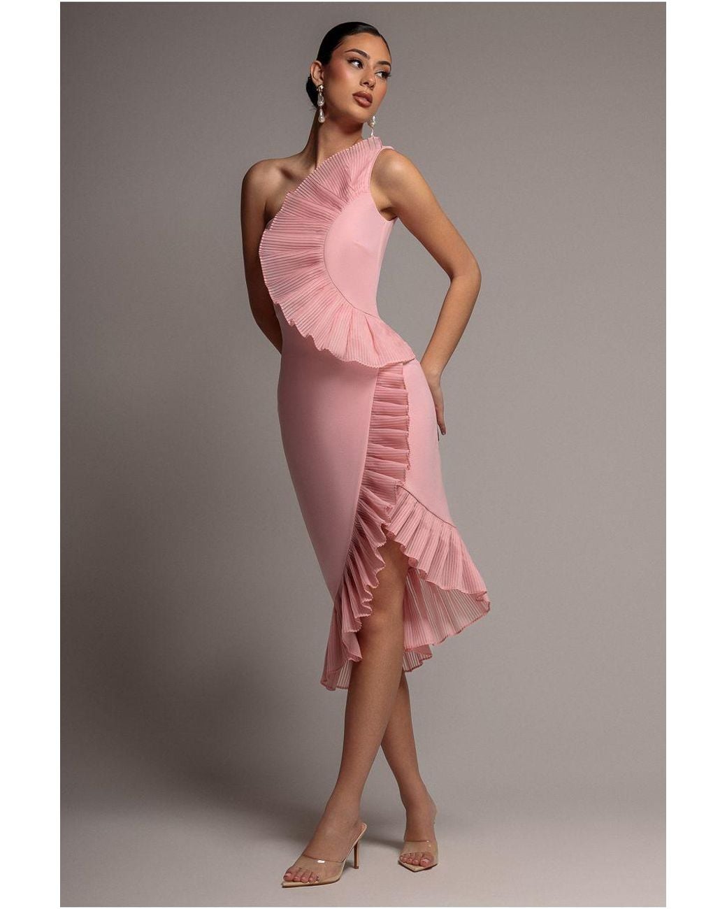 Goddiva Pink One Shoulder Pleated Fan Midi Dress