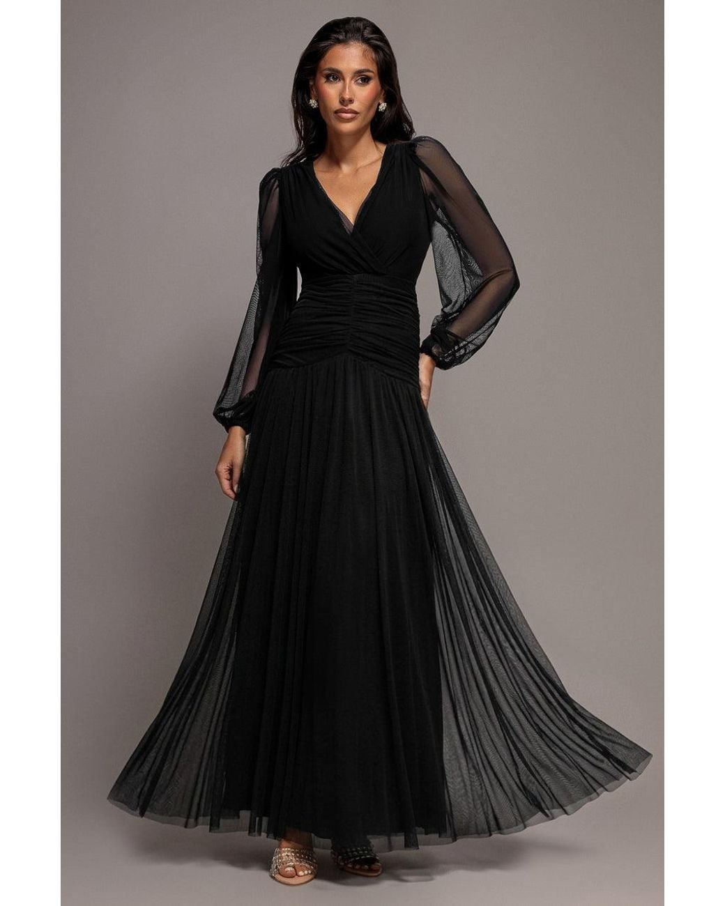 Goddiva Black Gathered Long Balloon Sleeve A-Line Mesh Maxi Dress
