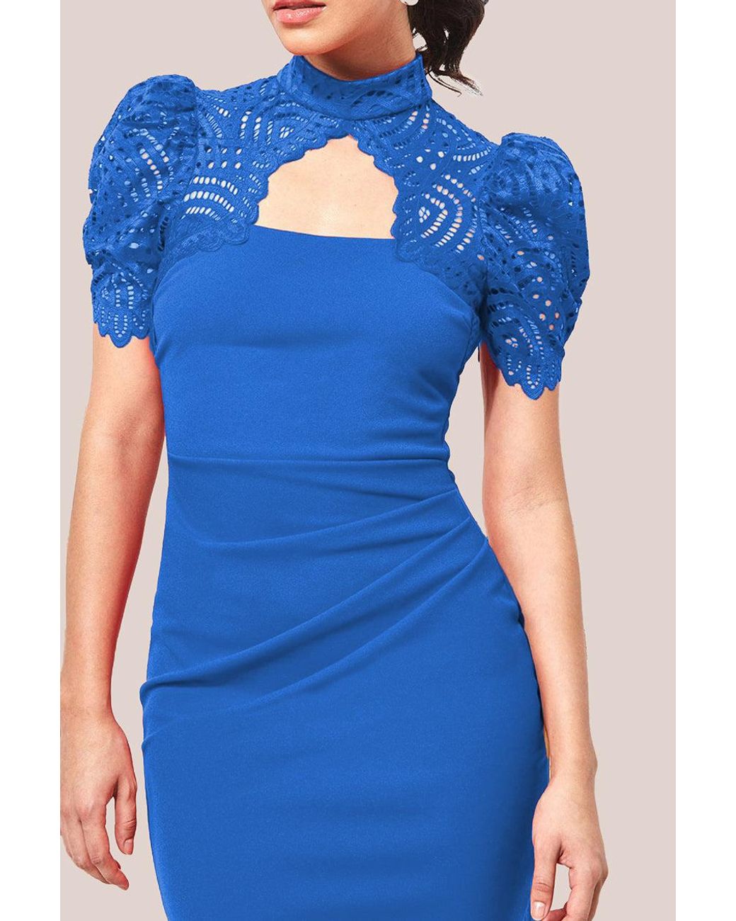 City Goddess Blue Open Back Puffed Lace Top Midi