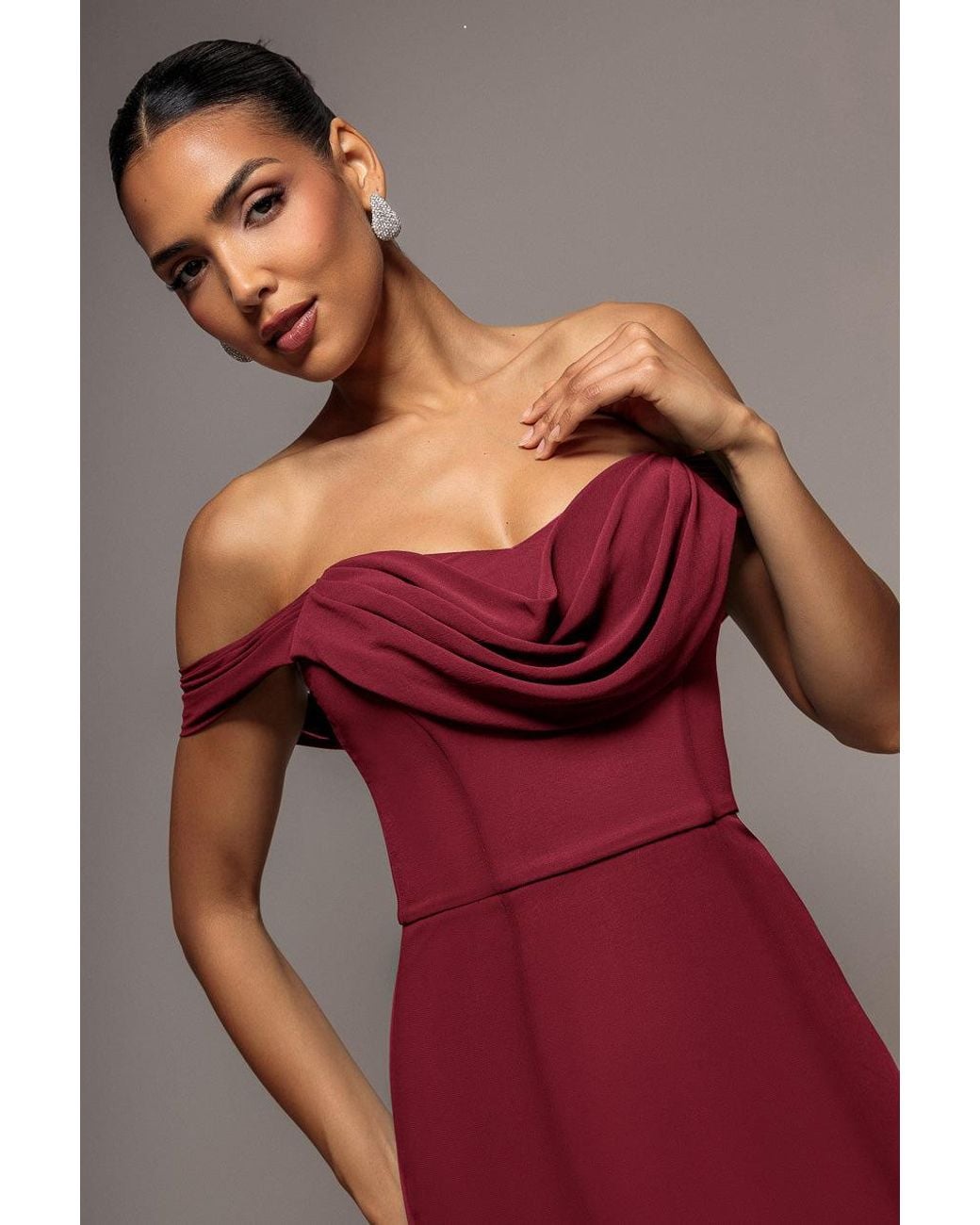 Goddiva Red Chiffon Bardot Cowl Neck Maxi Dress