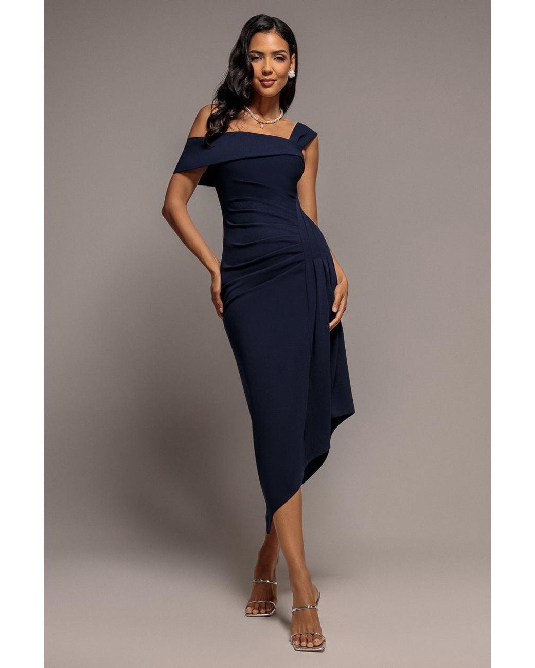 Goddiva Blue Off Shoulder Pleated Waist Asymmetric Midaxi Dress