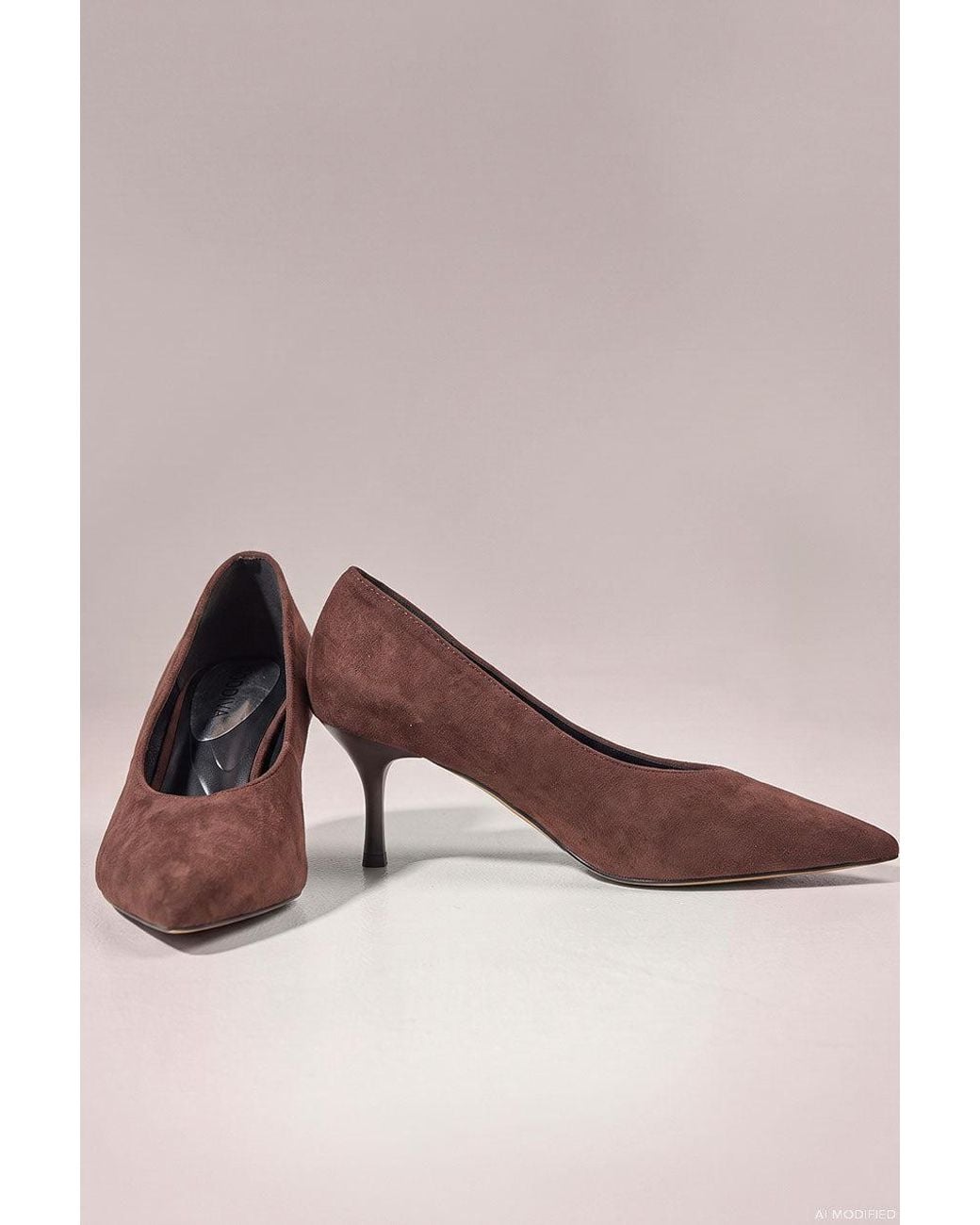 Goddiva Brown Classic Low Cut Stiletto Style Suede Court Heels