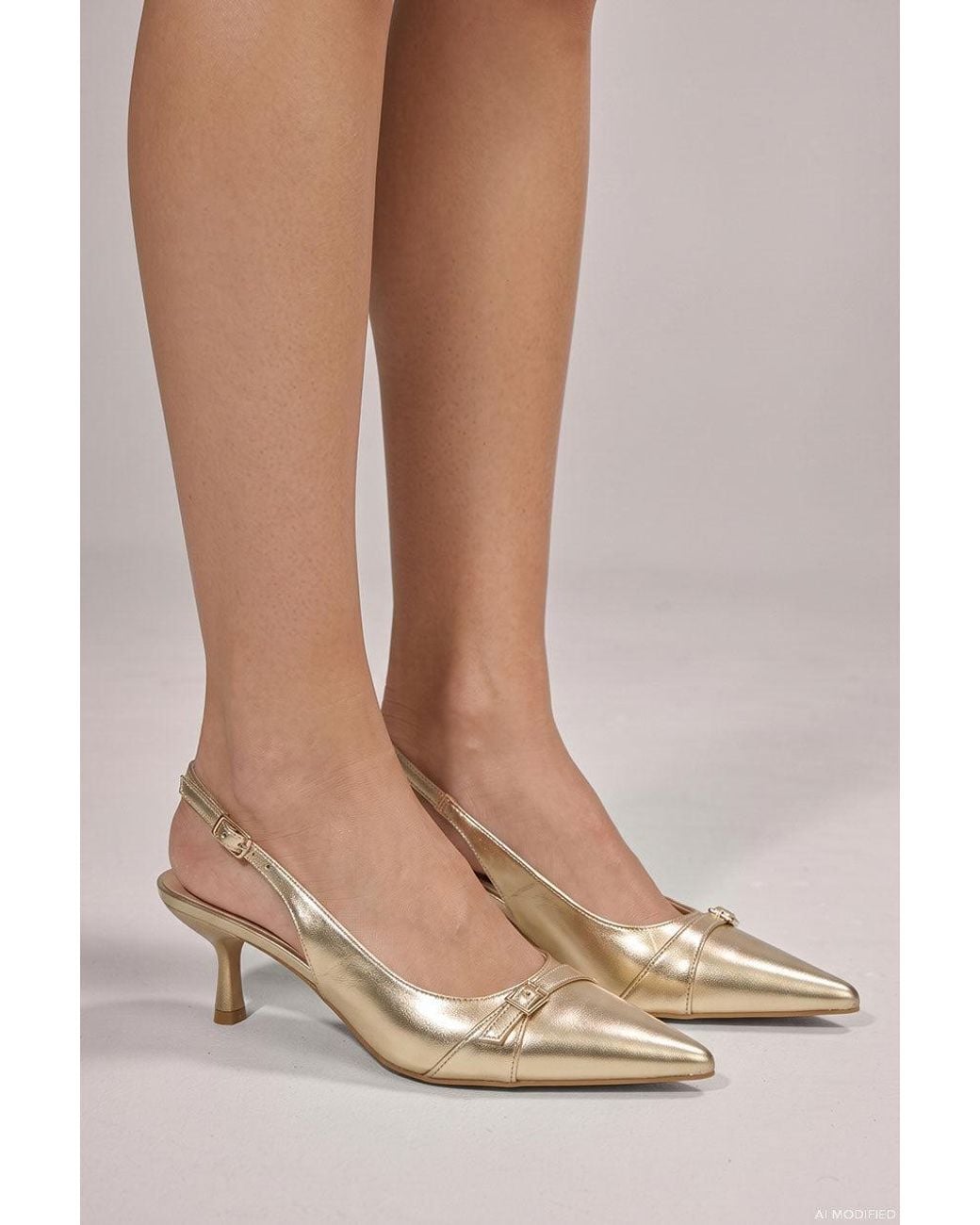 Goddiva Natural Metallic Pointed Toe Stiletto Kitten Heels