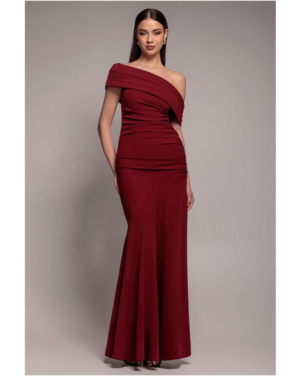 Goddiva Red Pleated One Shoulder Bardot Fit And Flare Maxi Dress