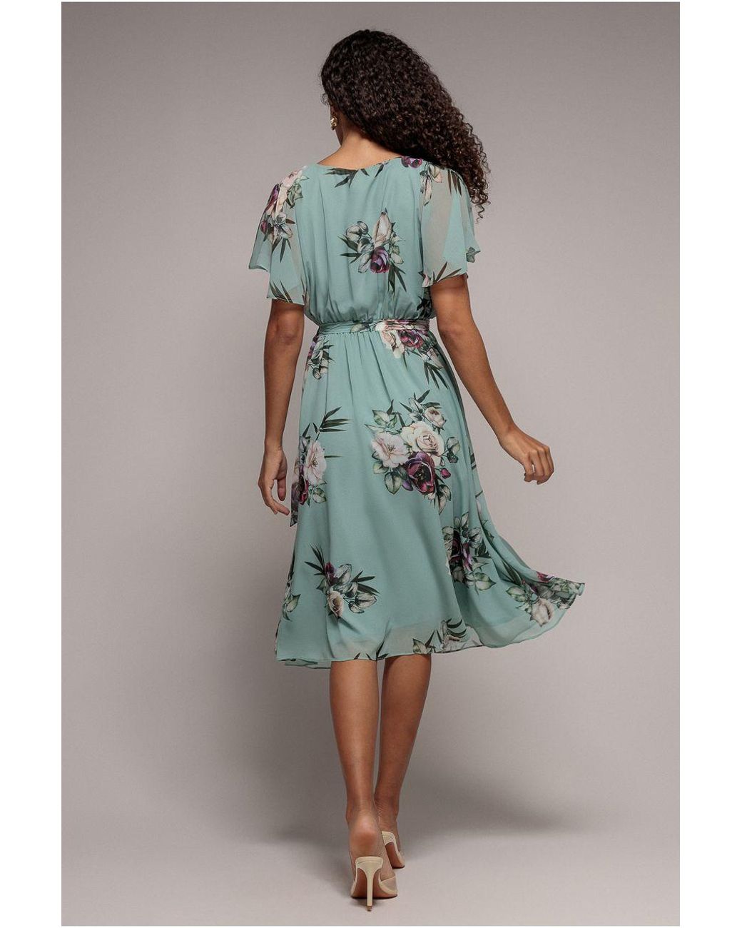 Goddiva Green Floral Flutter Sleeve Chiffon Midi Dress