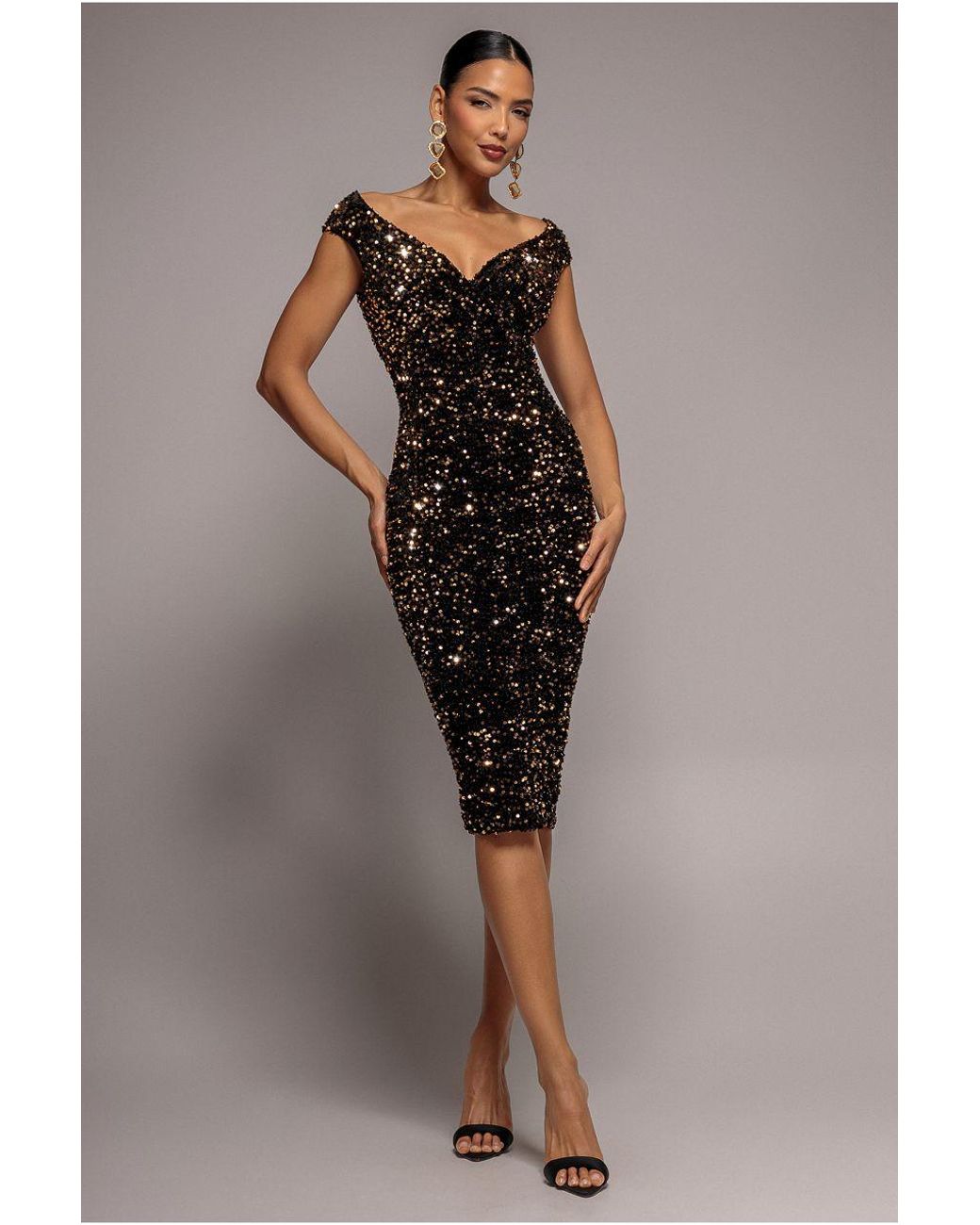 Goddiva Metallic Multi Sequin & Velvet Bardot Midi Dress