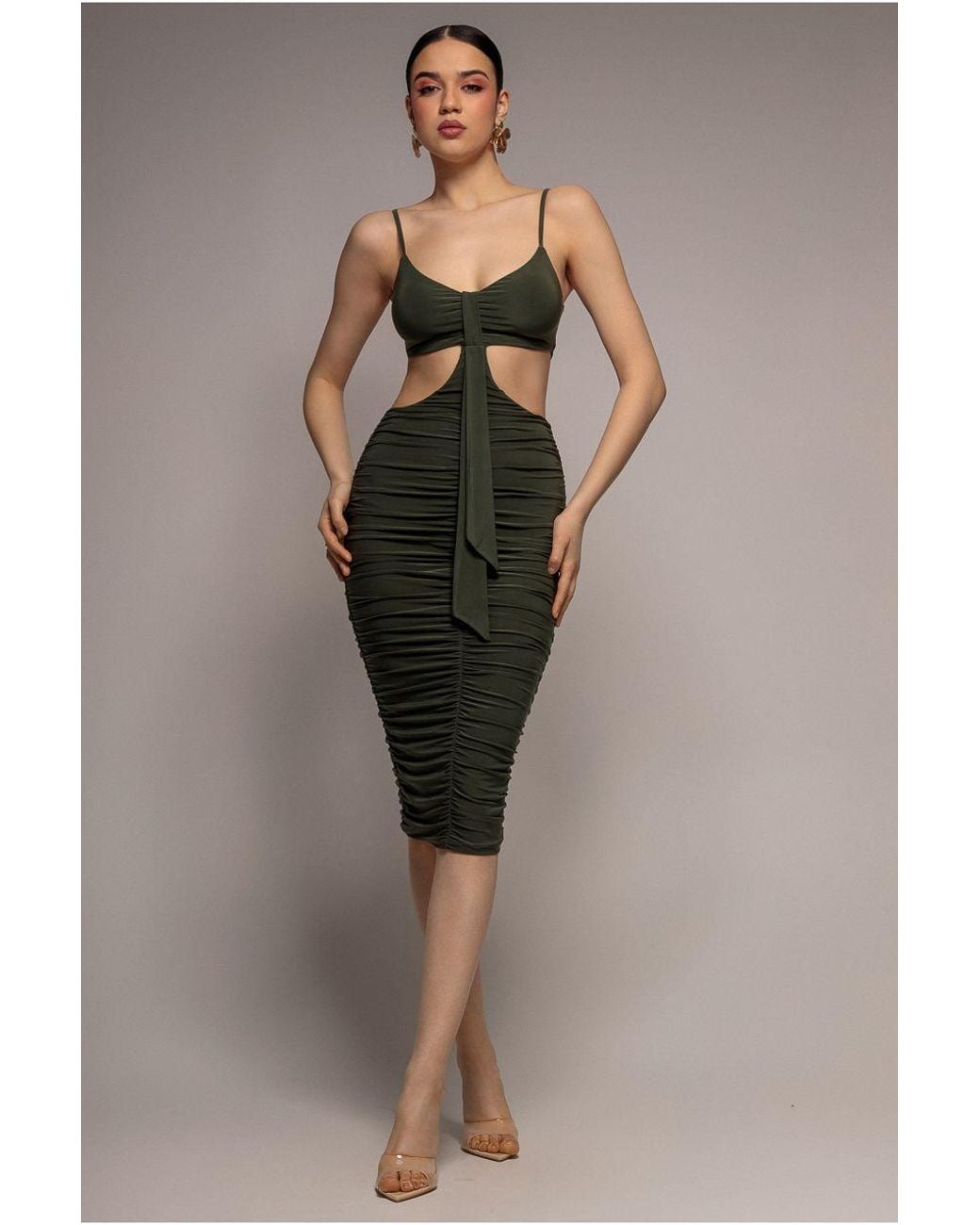Goddiva Green Cut Out Ruched Bodycon Midi Dress
