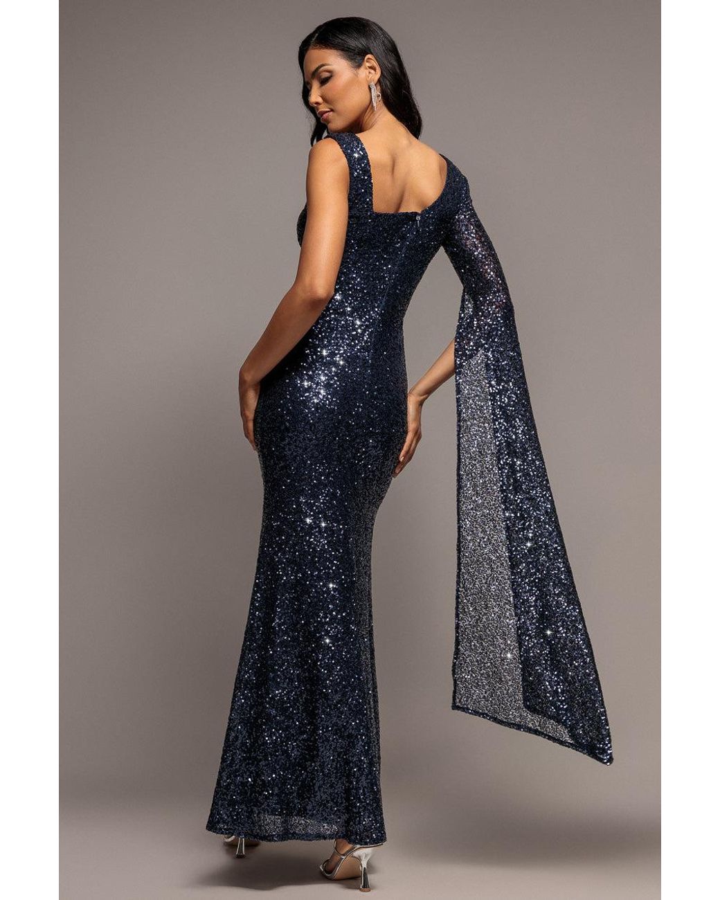Goddiva Blue One Side Cape Sleeve Sequin Maxi Dress