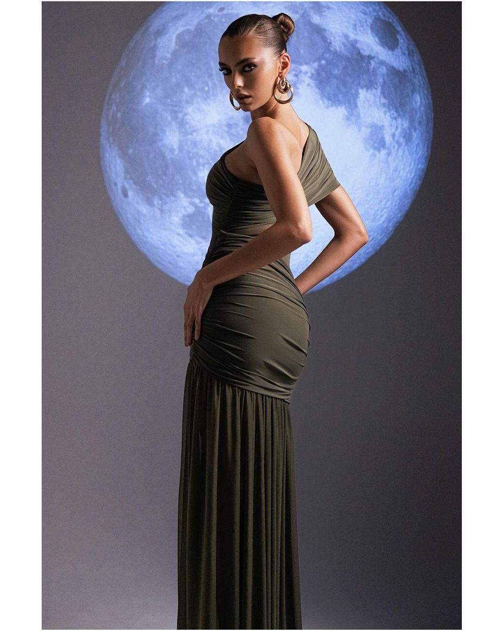 Goddiva Blue Gathered One Shoulder Sheer Panel Maxi Dress