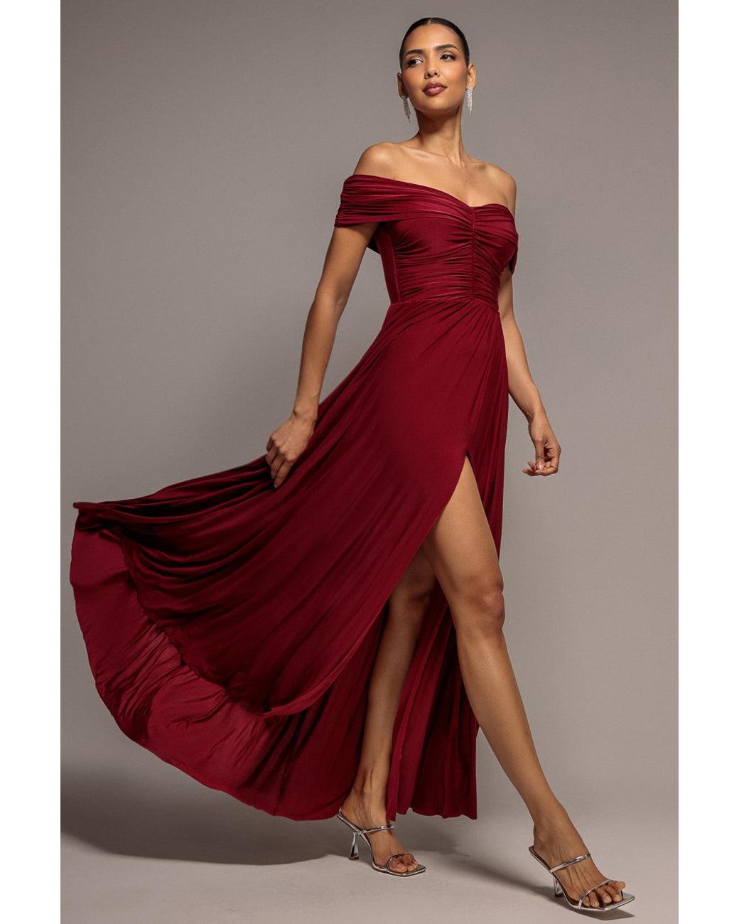 Goddiva Gathered Bardot Maxi Dress With Front Split
