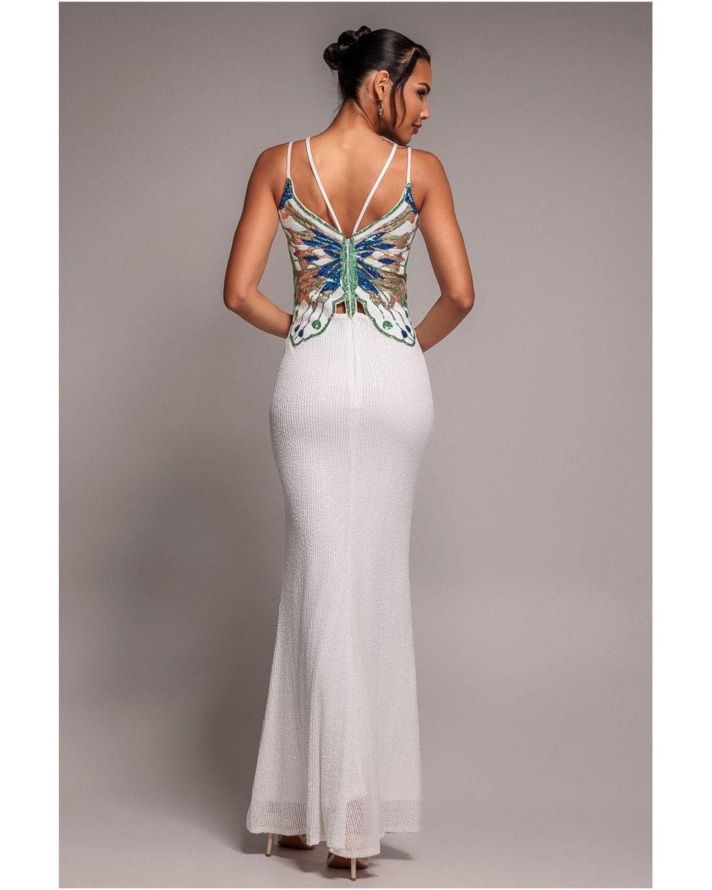 Goddiva Natural Sequin Butterfly Front Split Maxi Dress