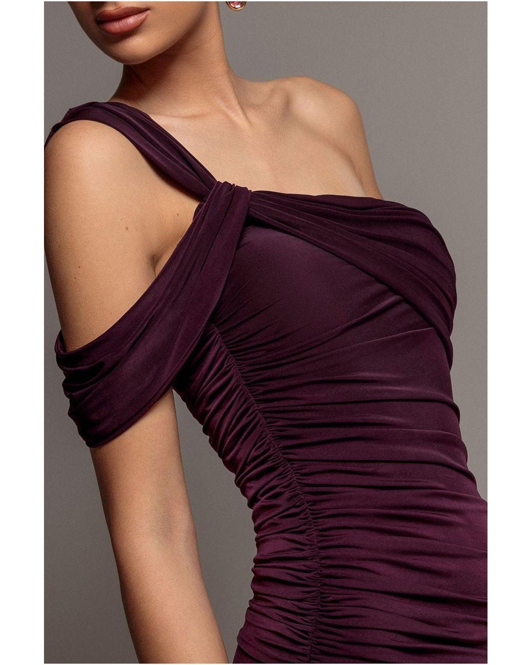 Goddiva Brown One Shoulder Asymmetric Twist Maxi Dress