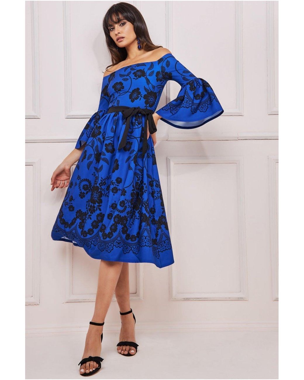 Goddiva Blue Printed Off The Shoulder Midi Dress