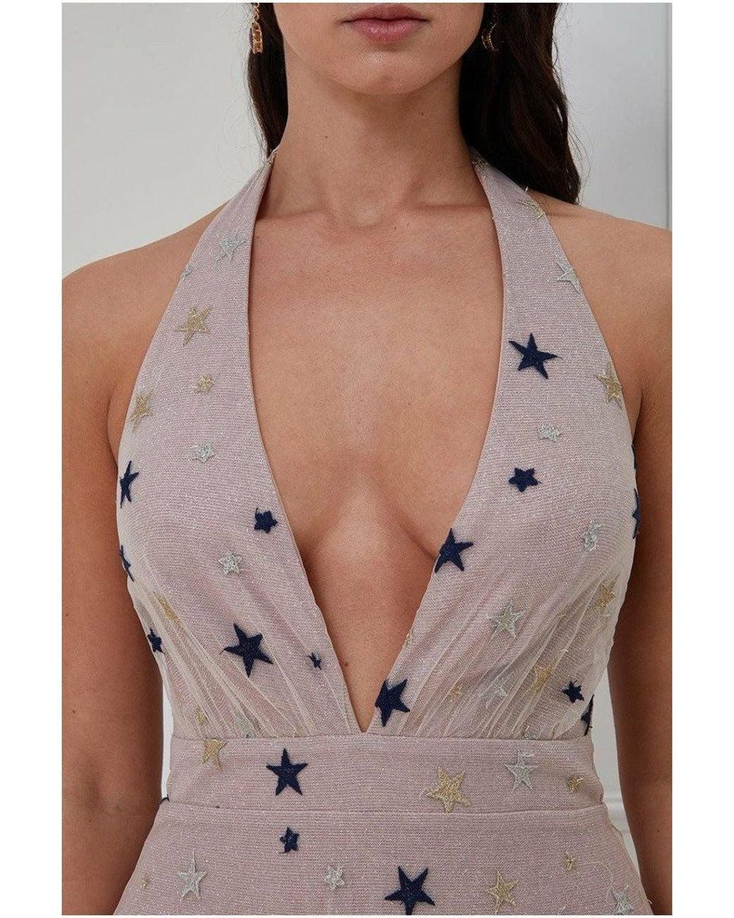 Goddiva Multicolor Star Mesh Halter Neck Maxi Dress