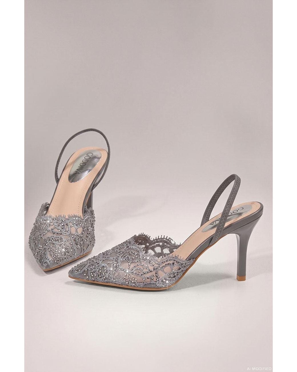 Goddiva Gray Embellished Scalloped Edged Lace Slingback Heels