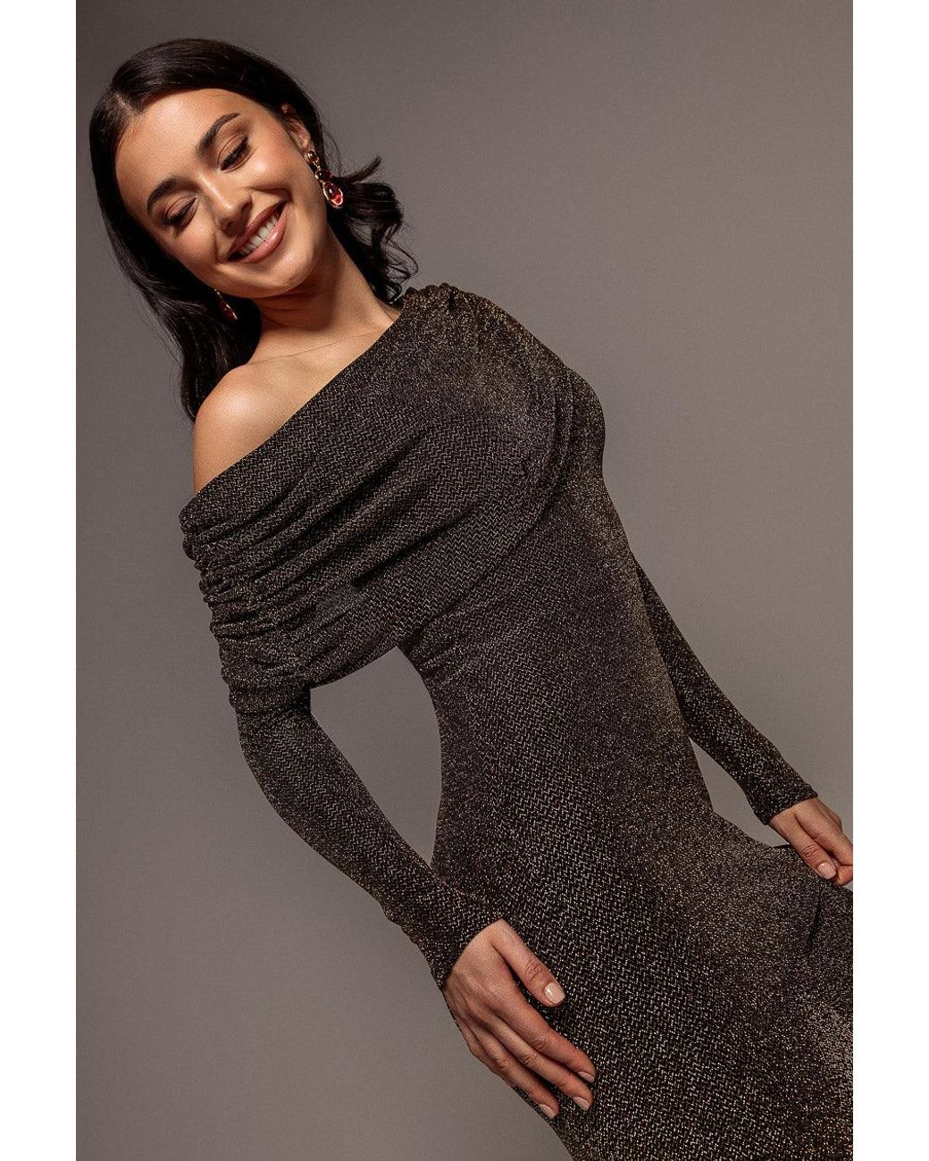 Goddiva Brown Off Shoulder Gathered Bardot Asymmetric Lurex Maxi Dress