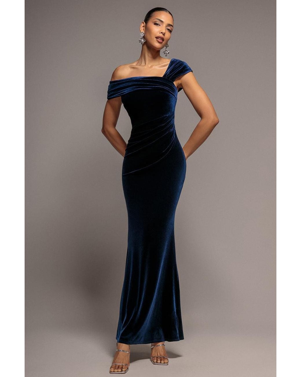 Goddiva Blue One Shoulder Velvet Maxi Dress