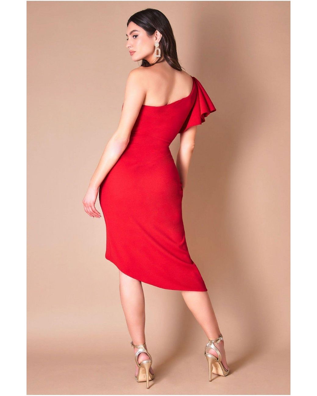 Goddiva Red Waterfall Sleeve Wrap Midi Dress