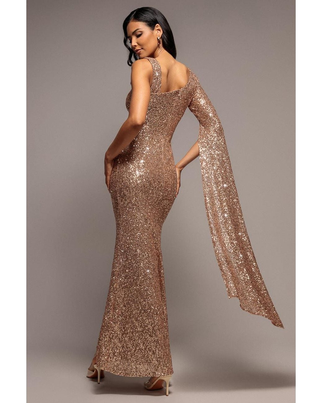 Goddiva Brown One Side Cape Sleeve Sequin Maxi Dress