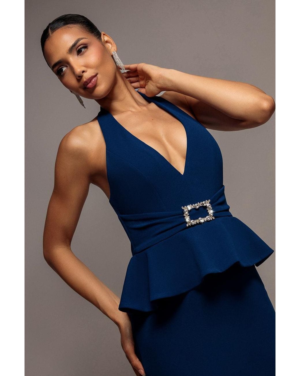 Goddiva Blue Peplum Halter Neck Maxi Dress With Diamante Buckle