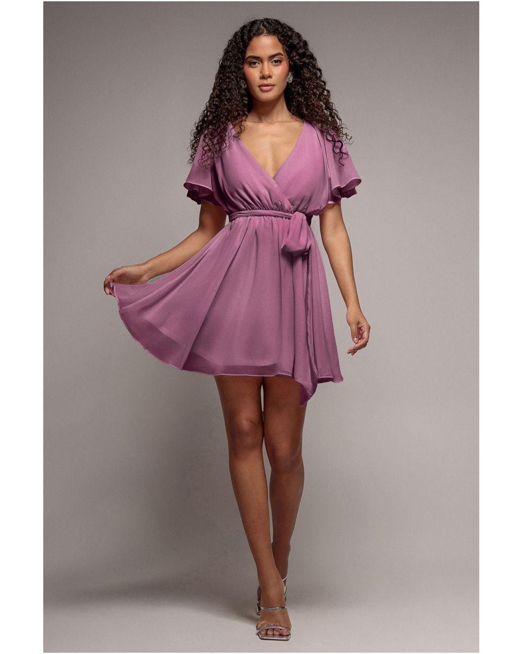 Goddiva Pink Flutter Sleeve Wrap Mini Dress With Elasticated Waist