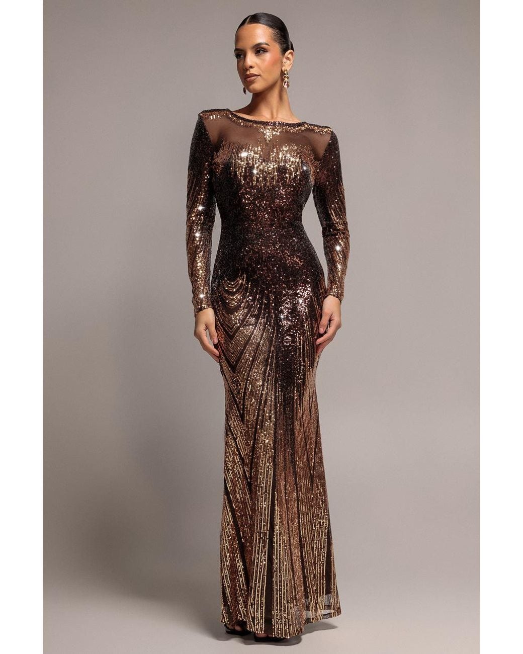 Goddiva Brown Long Sleeve Aztec Sequin Maxi Dress