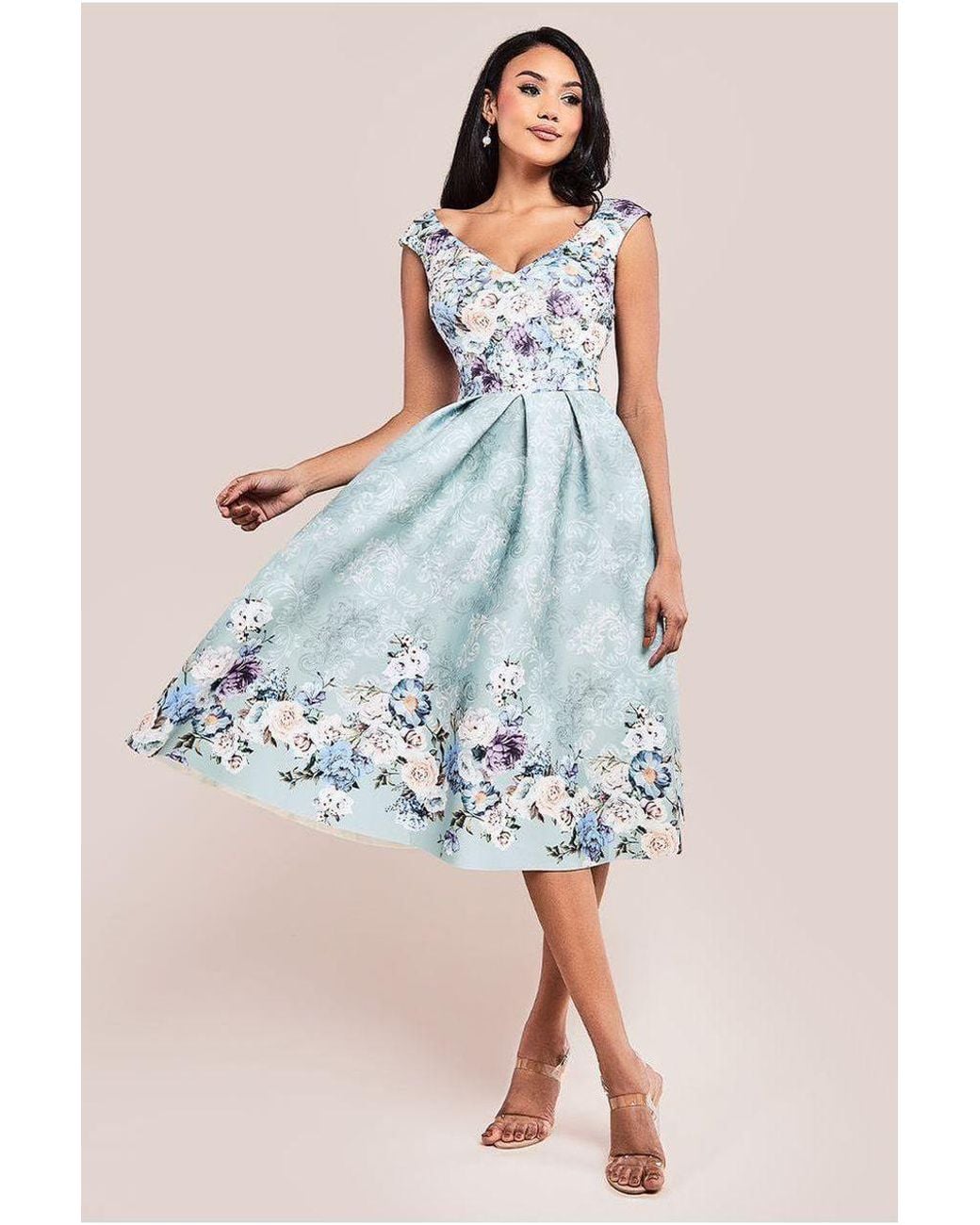 Goddiva Blue Sweetheart Floral Midi Dress